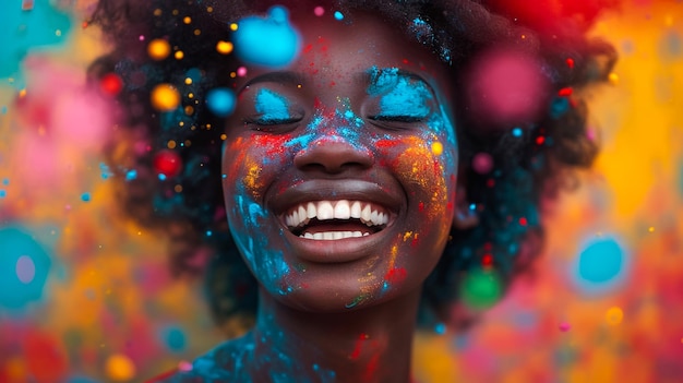 Holi Festival Of Colors Retrato de menina indiana feliz em sari hindu tradicional em holi cor índia mulher jóias de prata com tinta em pó no vestido colorido cabelo rosa e azul em Goa Kerala