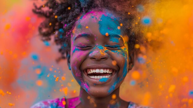 Holi Festival Of Colors Retrato de menina indiana feliz em sari hindu tradicional em holi cor índia mulher jóias de prata com tinta em pó no vestido colorido cabelo rosa e azul em Goa Kerala