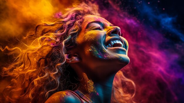 Holi Festival Of Colors Retrato de menina indiana feliz em sari hindu tradicional em holi cor índia mulher jóias de prata com tinta em pó no vestido colorido cabelo rosa e azul em Goa Kerala