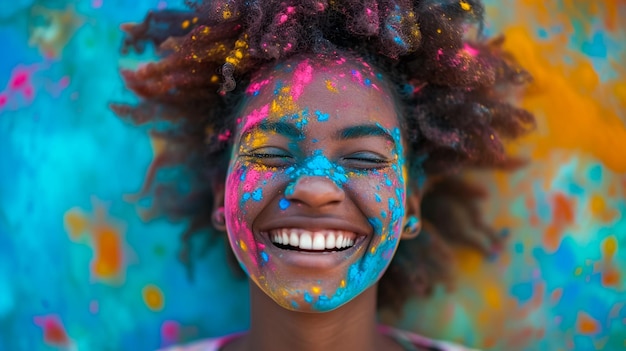 Holi Festival Of Colors Retrato de menina indiana feliz em sari hindu tradicional em holi cor índia mulher jóias de prata com tinta em pó no vestido colorido cabelo rosa e azul em Goa Kerala