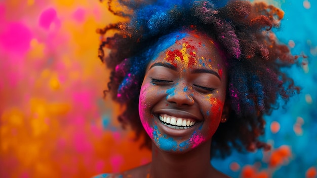 Holi Festival Of Colors Retrato de menina indiana feliz em sari hindu tradicional em holi cor índia mulher jóias de prata com tinta em pó no vestido colorido cabelo rosa e azul em Goa Kerala