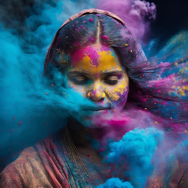 Holi Festival Spring Celebration Color Splash Mujer india creada con IA generativa