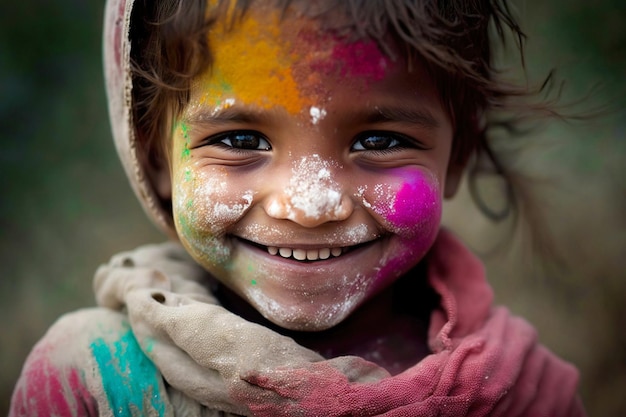 Holi Generative AI Un alegre niño de cabello oscuro posa untado con polvo multicolor Primer plano de la cara