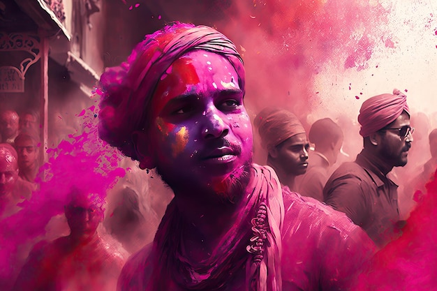 Holi Holiday Celebration Background com retrato de pessoa em tinta rosa roxa no rosto generativa ai