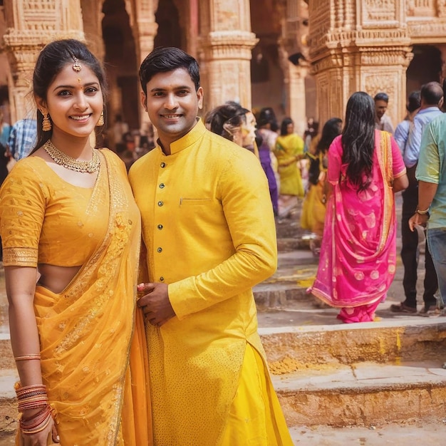 Holi jogando em templos indianos casal vermelho verde kurta pejama saree indiano em menina hindu