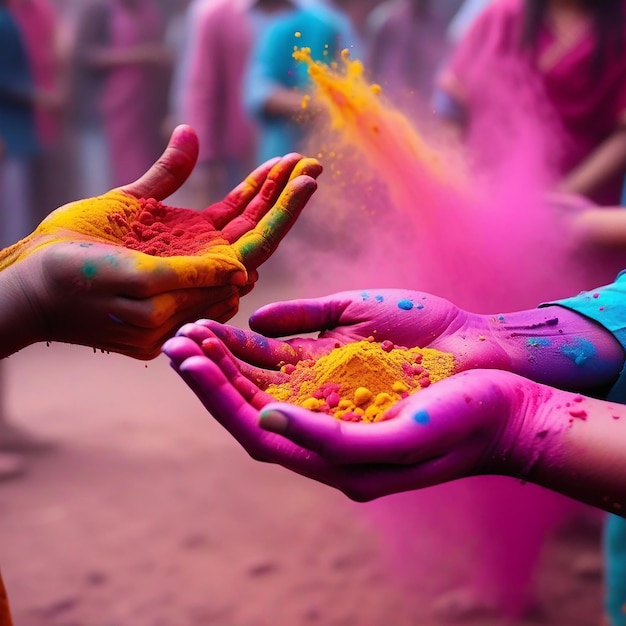 Foto holianfestival indiano brincando de criança com cores palashhandpichkari closeup de mãos com azul um