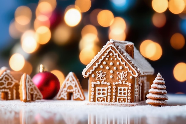 Holiday Magic Christmas Gingerbread Houses en Bokeh Background Generative AI