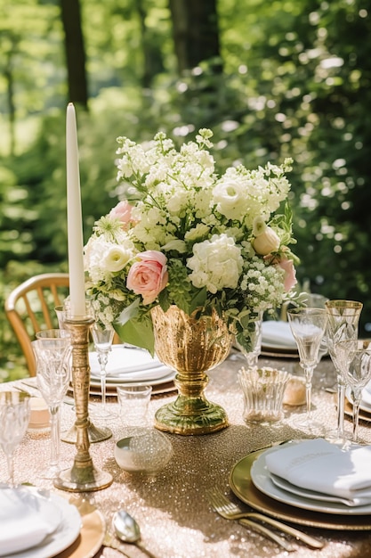 Holiday tablescape golden formal table setting table scape con decoración dorada para la fiesta de bodas y la celebración de eventos ai generativo