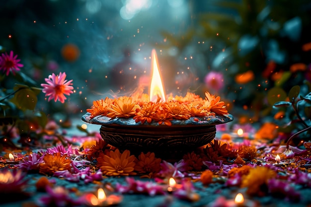 Holika Dahan feriado hindu fundo com pétalas de flores queimando em tigela de metal para a cerimônia