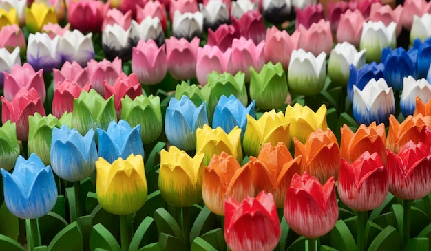 Foto holland amsterdam, mercado de flores, tulipas pintadas à mão de madeira para venda