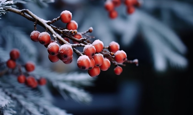 Holly Berries y las ramas de abeto cubiertas de nieve creadas utilizando herramientas de IA generativas