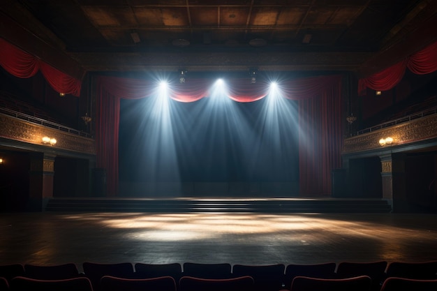 Holofote iluminando um palco de teatro silencioso e vazio