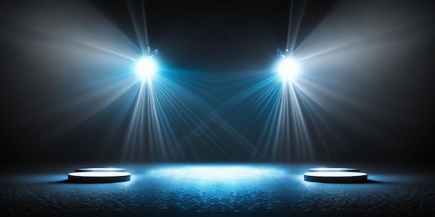 Holofotes azuis brilham no chão do palco em sala escura