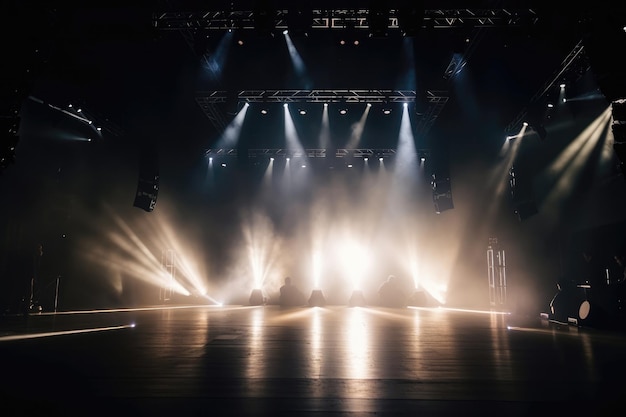 Holofotes vívidos brilham no palco com IA geradora de fumaça