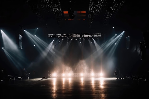 Holofotes vívidos brilham no palco com IA geradora de fumaça