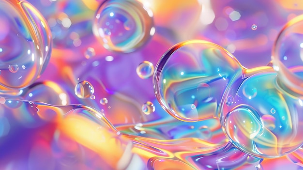 Foto holográficas bolhas de líquido flutuante bolhas de sabão metabolas em um fundo de arte 3d abstrato