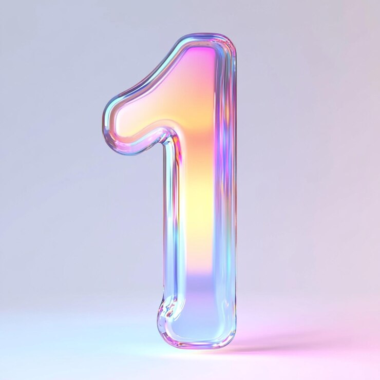 Holográfico 1 con una textura de vidrio y colores de gradiente un fondo blanco con iluminación suave