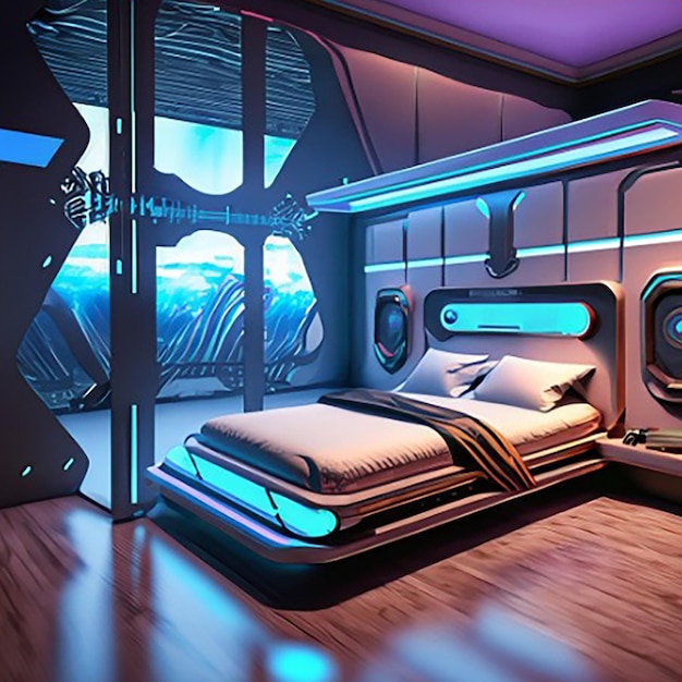 Un holográfico inteligente moderno de alta tecnología scifi cyberpunk interior de dormitorio futurista decoración del hogar en 3D