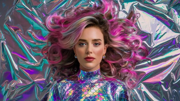 Foto holográfico iridescente textura de lámina de sirena fondo neón futurista colores plateados de moda