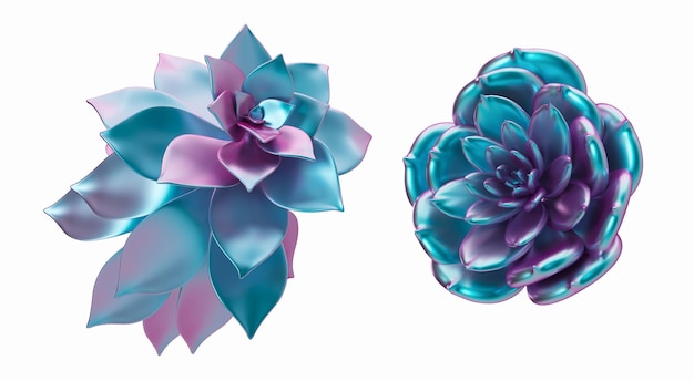 Holografische Pflanzen Blumen isoliert auf weißem Hintergrund Grafikdesignelemente ausschneiden Trendige und futuristische schillernde Objekte 3D-Rendering