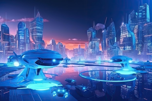 Holografische Szene einer futuristischen Stadt mit fliegenden Autorobotern und fortschrittlicher Technologie