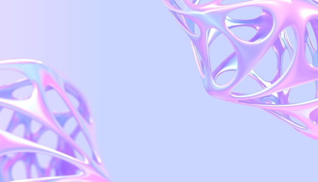 Holografischer 3D-Hintergrund mit abstrakten Metallformen chromatische hohle Makroobjekte mit Löchern futuristisches Designelement mit perlmuttfarbener Farbverlaufsstruktur Schillernde moderne Tapete 3D-Render