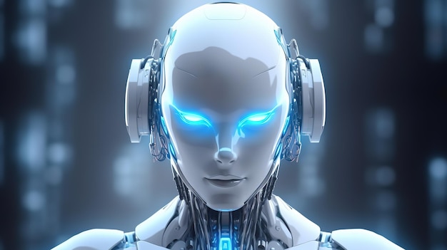 Holografischer humanoider Roboter mit weißer Haut und blauen Augen