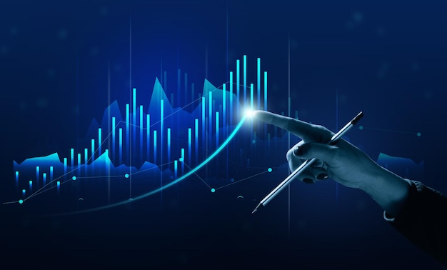Holografisches Diagramm mit wachsenden Indikatoren und der Hand einer Frau Business-Wachstumskonzept profitabler Start profitable Geschäftsstrategie