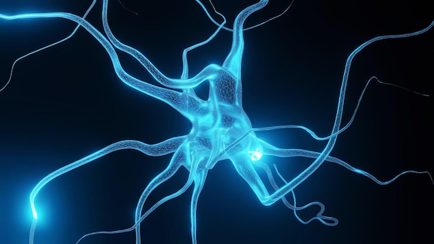 Holograma 3d da sinapse do neurônio rendeu a imagem da rede celular do neurônio no fundo preto Conceptual m