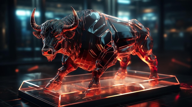 Holograma 3D de luzes de néon pretas e vermelhas de um touro