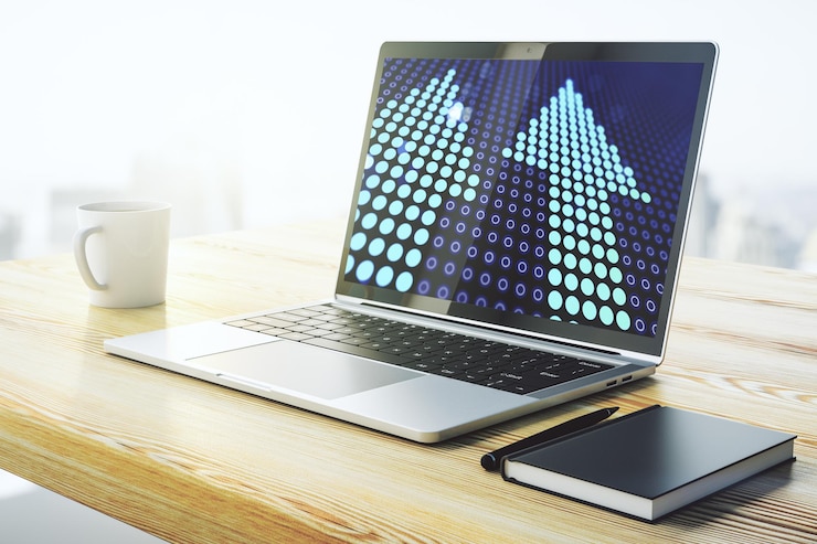 Foto holograma abstracto creativo de flechas hacia arriba en el concepto moderno de liderazgo y motivación del monitor de la computadora representación 3d
