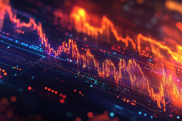 Holograma analítico con mano interactuando con gráficos financieros y datos empresariales en un fondo de diagrama de tablero digital