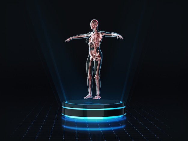 Holograma de anatomía femenina y esqueleto sobre pedestal