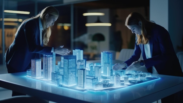 Holograma azul 3d render modelo de cidade na mesa em negócios imobiliários Conceito futurista de construção de negócios