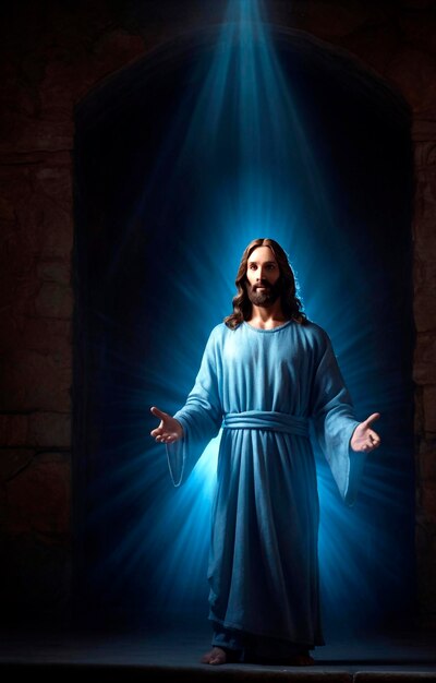 Holograma azul de Jesús en una habitación oscura con un haz de luz