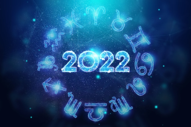 Holograma azul número 2022 en el fondo de los signos del zodíaco. Feliz Año Nuevo. Diseño moderno, plantilla, encabezado para el sitio, póster, tarjeta de año nuevo, folleto. Ilustración 3D, render 3D.