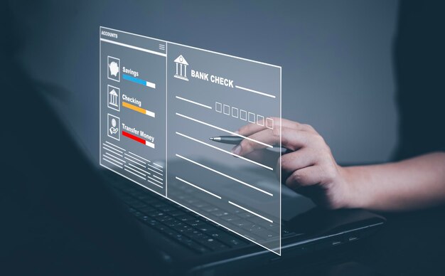 Holograma de banca en línea AI y concepto de automatización Empresario que usa la computadora portátil y toca la banca en línea y el icono de conexión de red pago en línea tecnología digital de negocios de compras