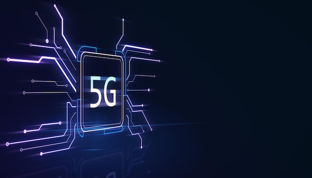 Holograma de botón de circuito cuadrado creativo con icono de 5G y lugar simulado Tecnología y concepto de internet móvil Renderización 3D