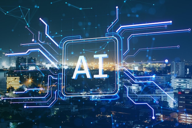 Holograma de botón de circuito cuadrado creativo con icono de IA en el fondo borroso de la ciudad nocturna Tecnología e inteligencia artificial concepto de aprendizaje automático Exposición doble