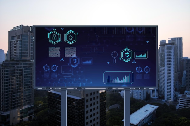 Holograma brillante del proceso tecnológico en el paisaje urbano panorámico aéreo de la cartelera de Bangkok al atardecer El centro innovador más grande de servicios tecnológicos en el sudeste asiático