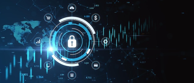 Holograma de candado azul ancho brillante con gráfico forex y mapa sobre fondo oscuro Concepto de seguridad seguro y en línea Representación 3D