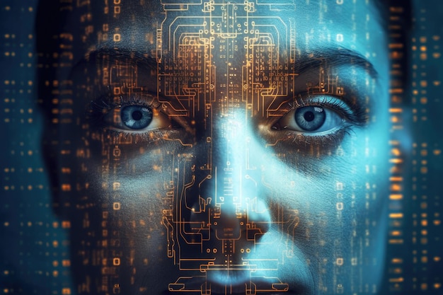 Holograma de cara femenina digital sobre fondo futurista IA generativa