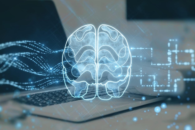 Holograma cerebral brilhante criativo no local de trabalho de escritório embaçado com laptop no fundo da área de trabalho Pesquisa de neurologia conceito de inteligência artificial Dupla exposição