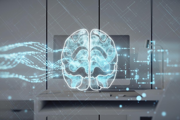 Holograma cerebral brilhante criativo no local de trabalho de escritório embaçado com pano de fundo do computador Conceito de inteligência artificial de pesquisa de neurologia Dupla exposição
