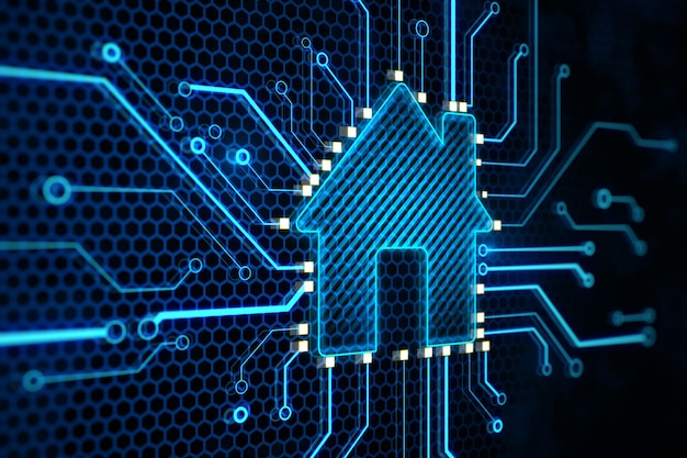 Holograma de chip de casa brillante abstracto sobre fondo oscuro Smart home ai y concepto de información Representación 3D