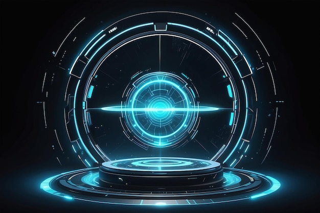 Holograma ciencia portal futurista Scifi digital hitech en HUD brillante con halo Puerta mágica en juego fantasía teletransporte podio con efecto holograma GUI y UI realidad virtual Vector tecnológico EPS10