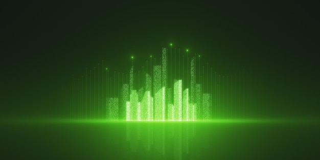 Holograma de ciudad digital brillante sobre fondo verde Proyección de ciudad Diseño holográfico futurista Representación 3D