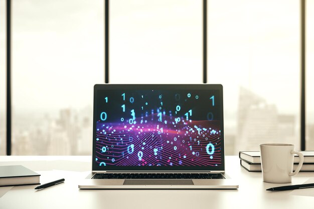 Holograma de código binario abstracto creativo en monitor de computadora moderno AI y concepto de aprendizaje automático Representación 3D