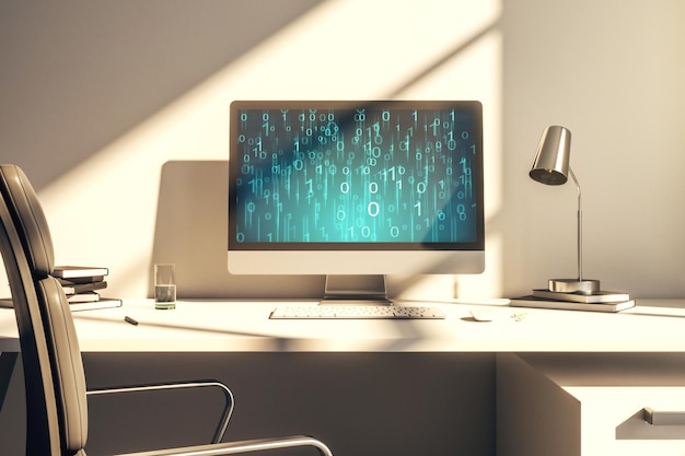Holograma de código binario abstracto creativo en monitor de computadora moderno AI y concepto de aprendizaje automático Representación 3D