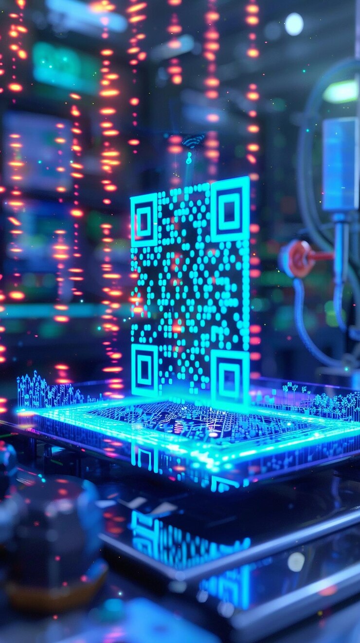 Foto holograma de código qr con gráficos de datos